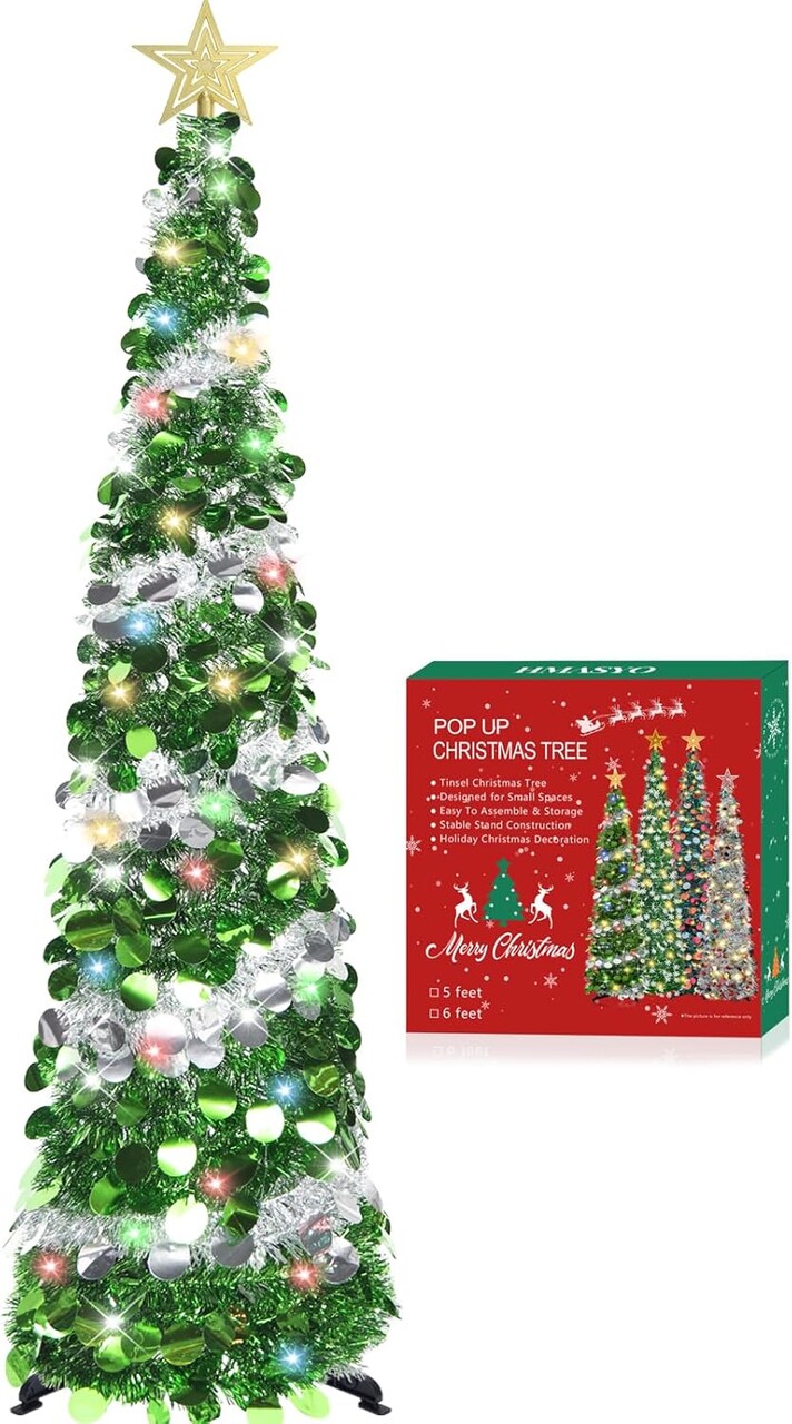 5 FT Pop Up Christmas Tree with Timer, Colorful Lights & Tinsels (Green & Sliver)